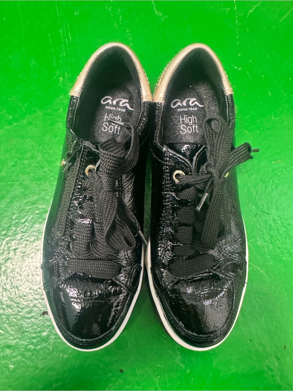 Ara Black Patent Lace-Up Sneakers with Gold Trim